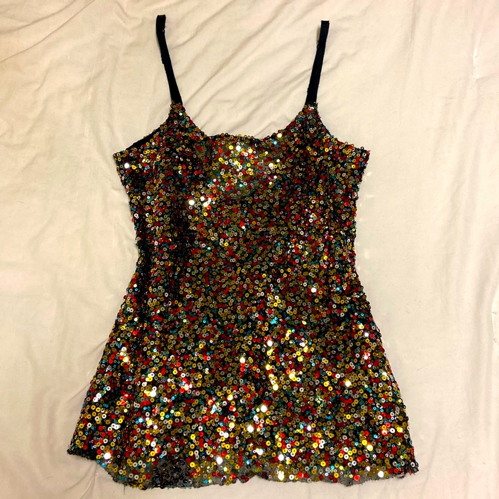 FREE PEOPLE Sequin Low Back Mesh Tank Top